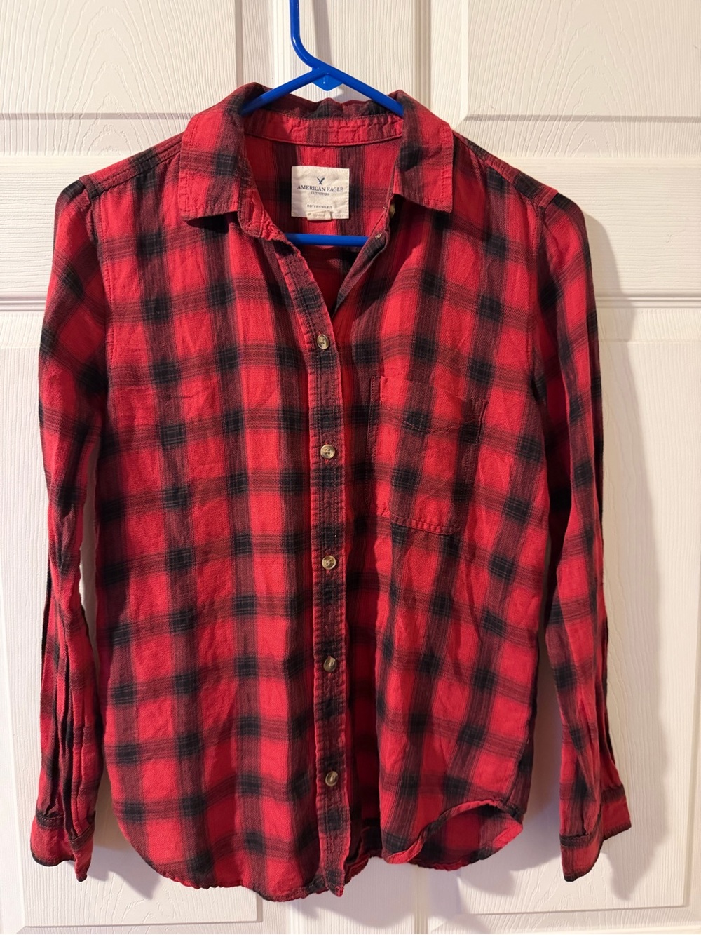 American Eagle Outfitters Red and Black Plaid Button-Down Shirt